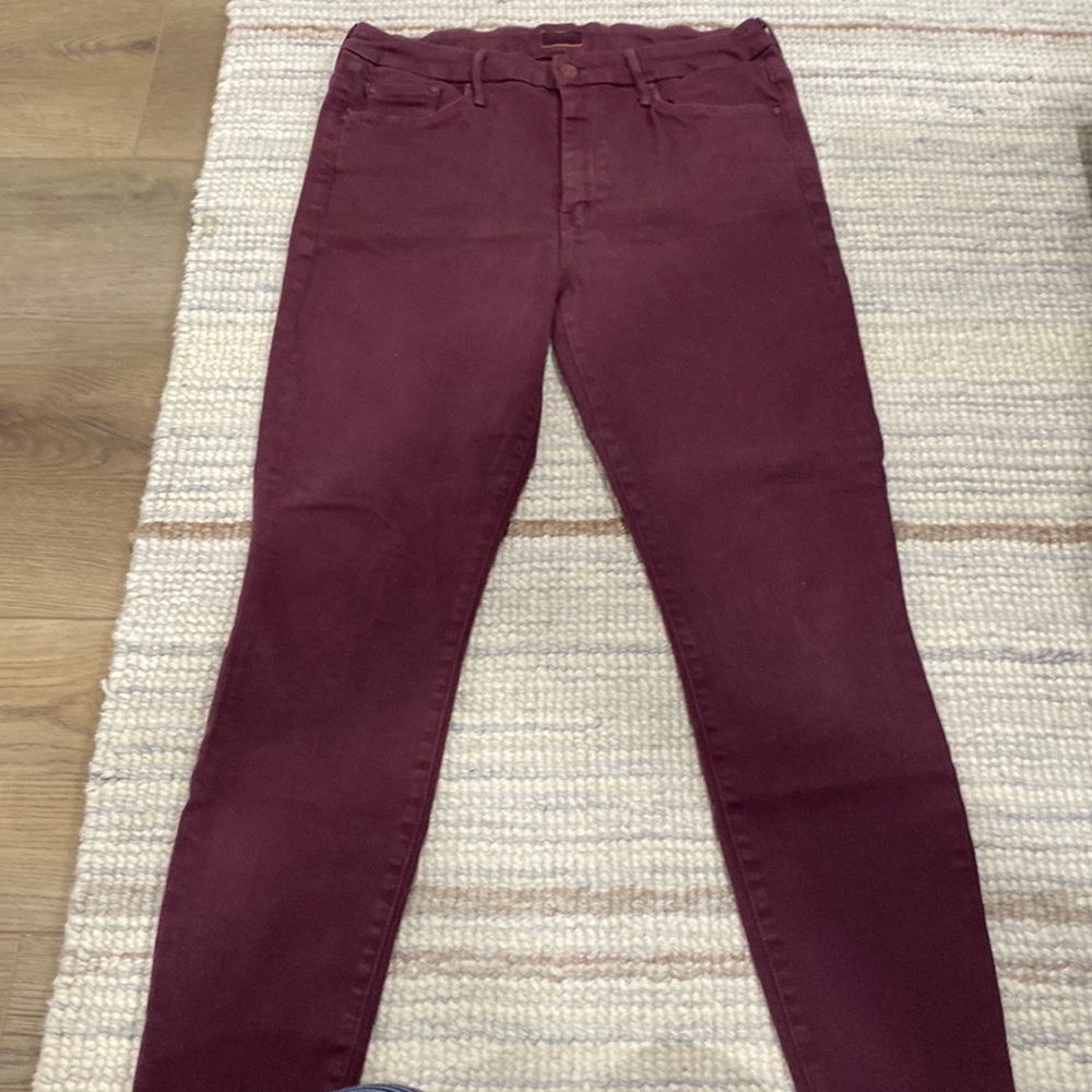 MOTHER denim burgundy high waisted looker ankle fray